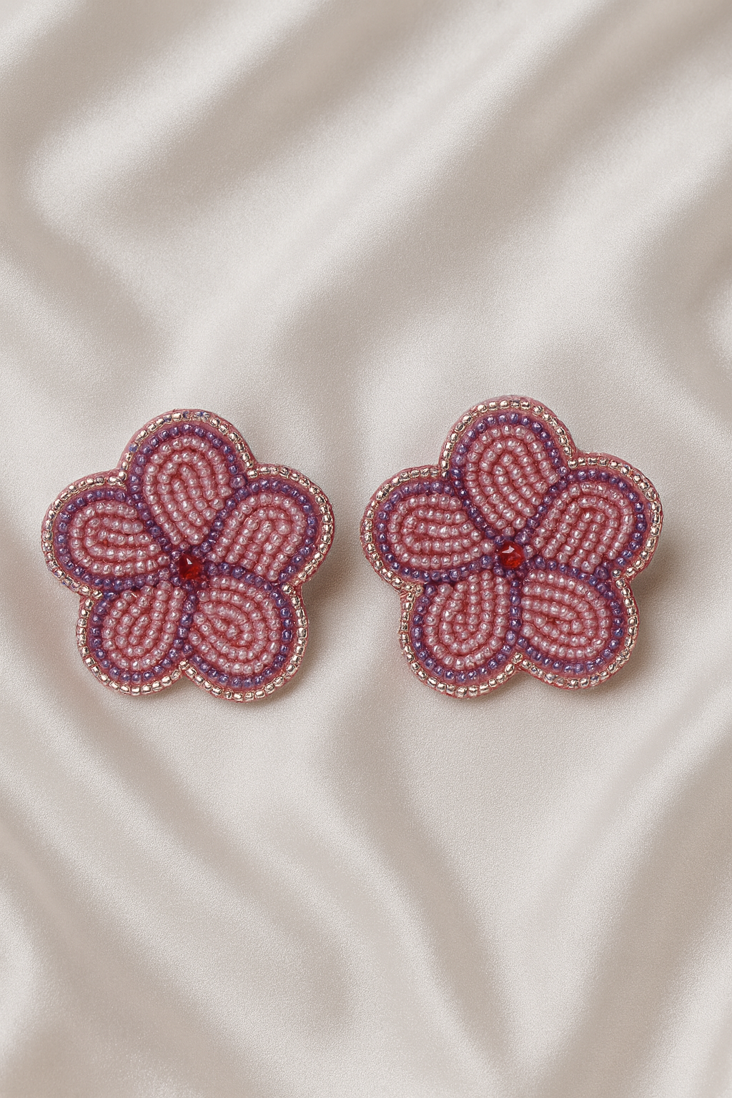 Hand-Beaded Pink and Purple Flower Stud Earrings