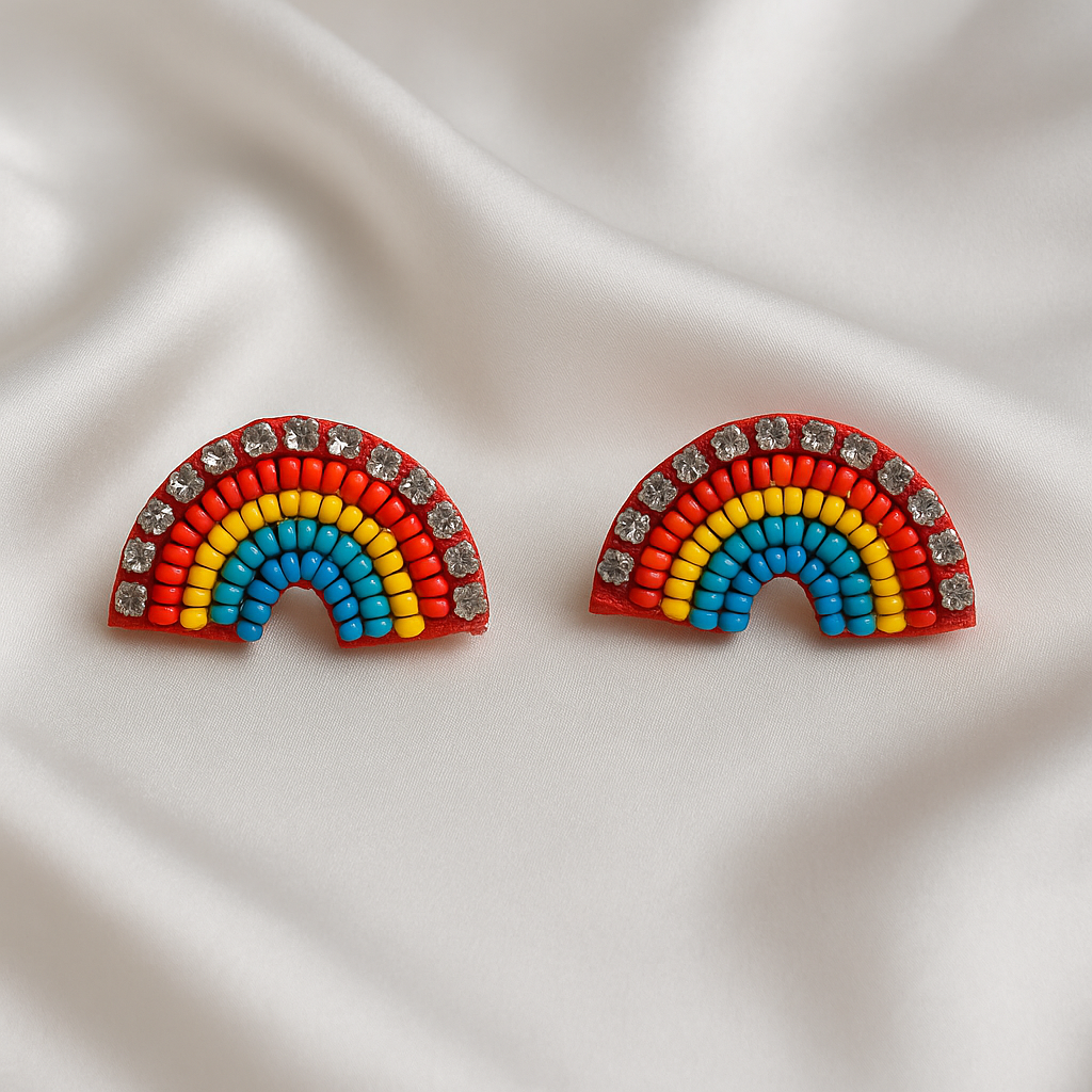 Hand-Beaded Rainbow Arch Stud Earrings with Crystals