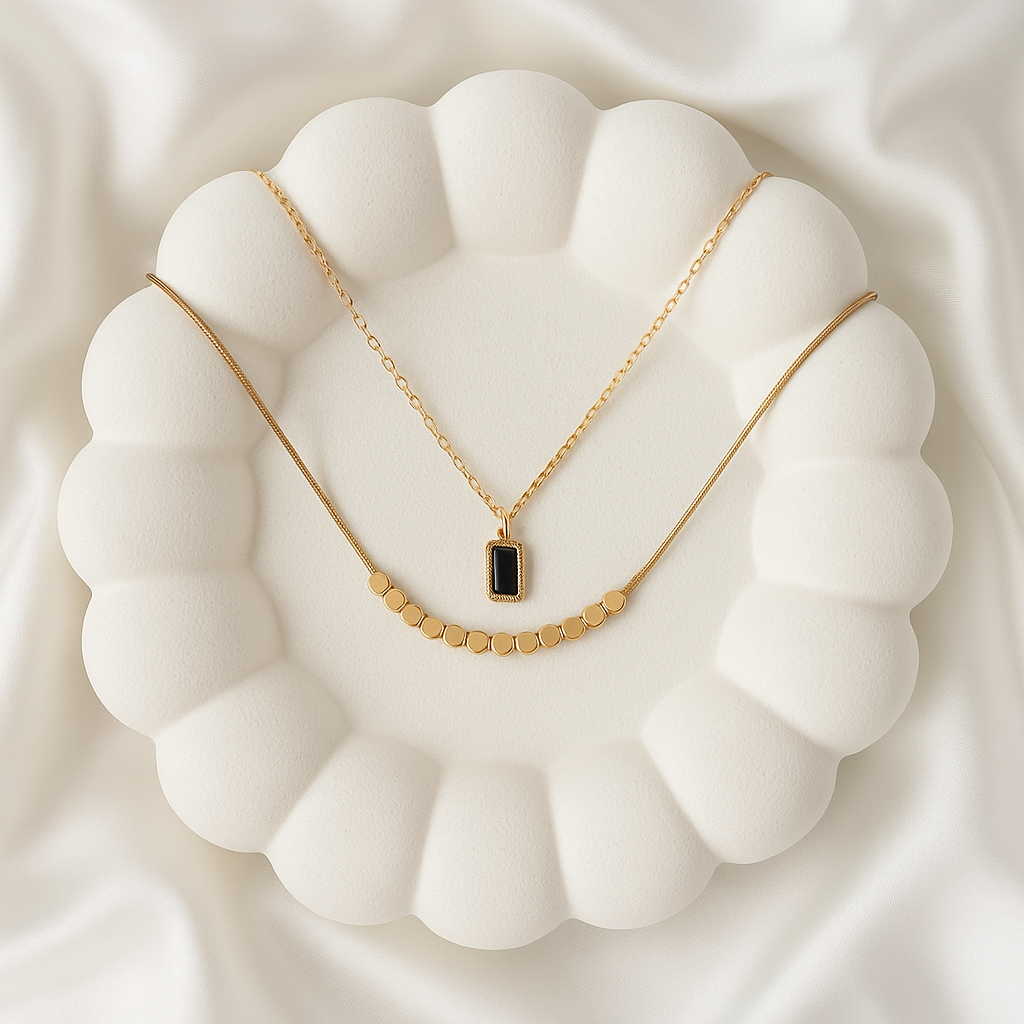 Black Gemstone & Gold Beaded Layered Necklace Set