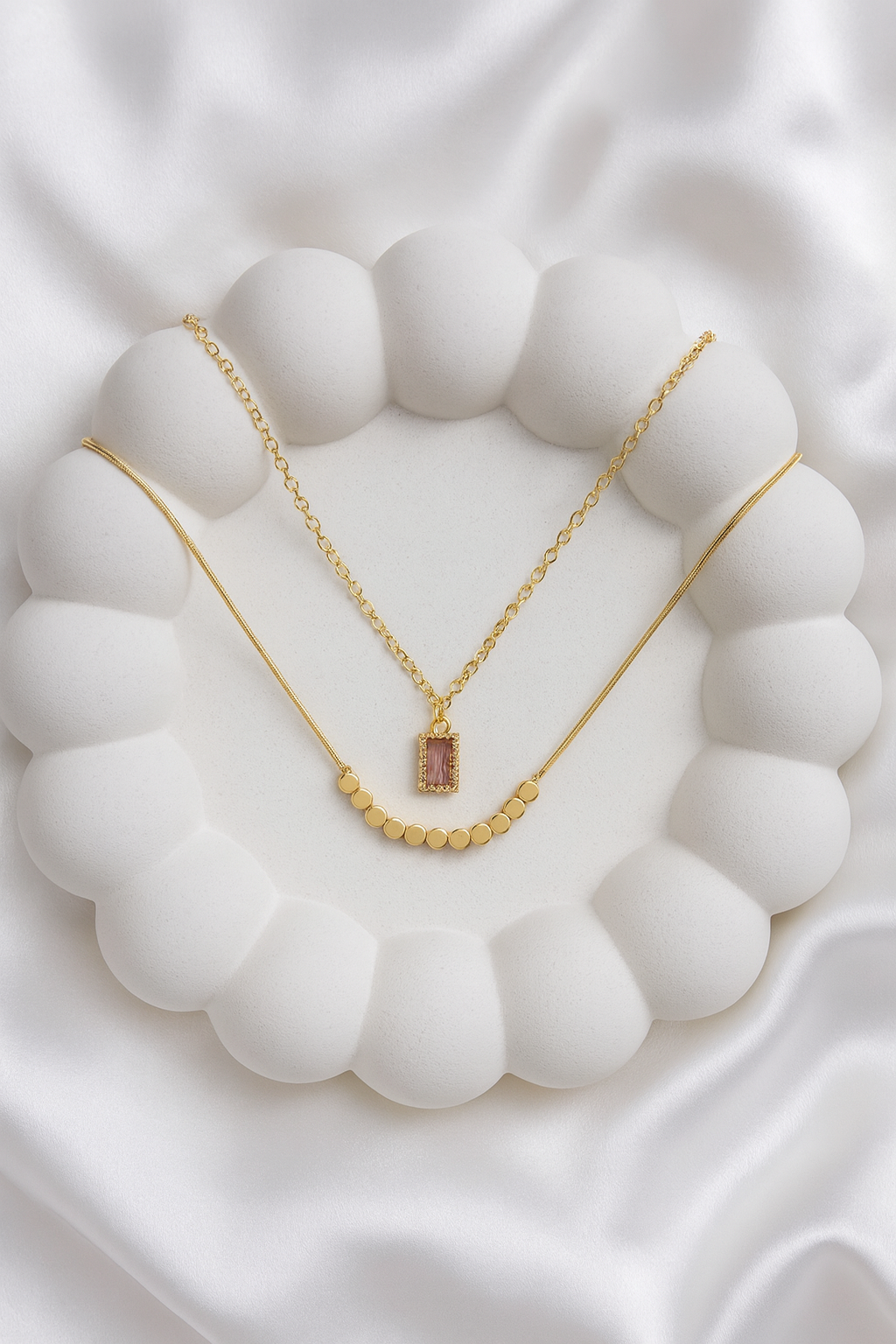 Pink Baguette Gemstone & Gold Beaded Layered Necklace