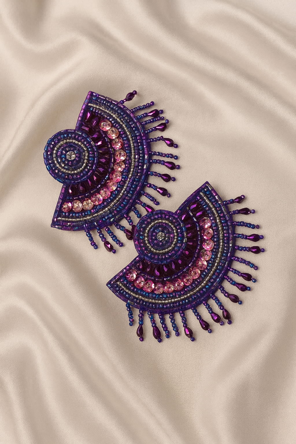 Vibrant Purple and Pink Beaded Fan Statement Earrings