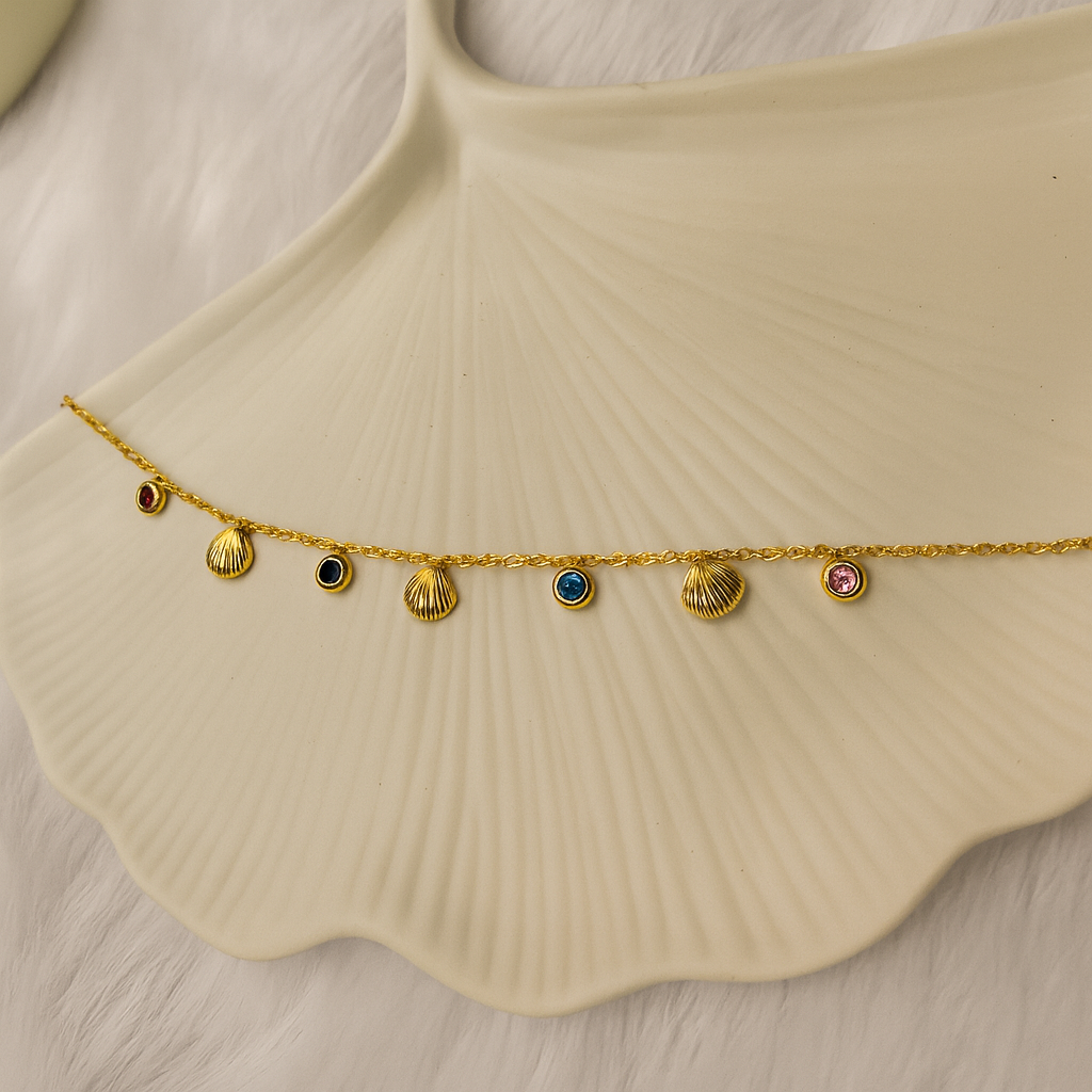 Gold-Toned Shell and Multicolored Crystal Dangle Charm Bracelet