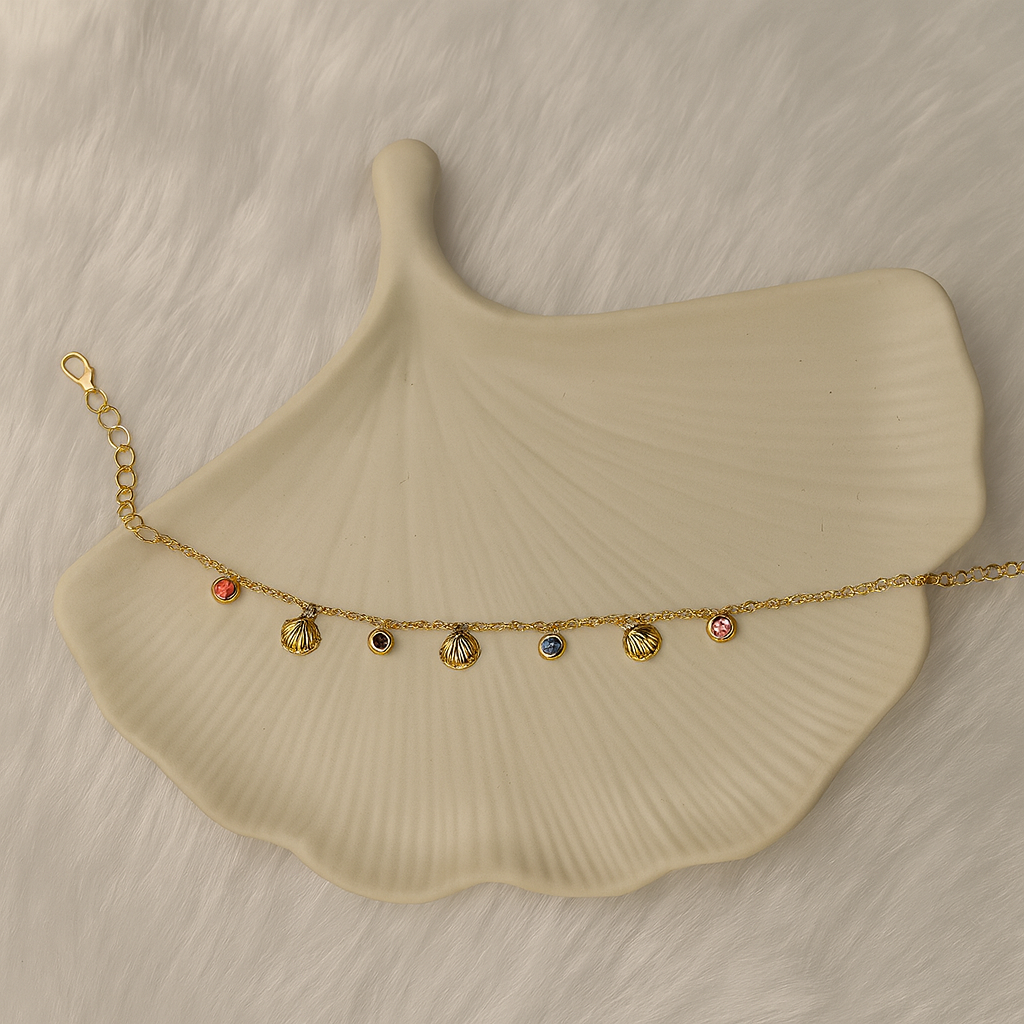 Gold-Toned Shell and Multicolored Crystal Dangle Charm Bracelet