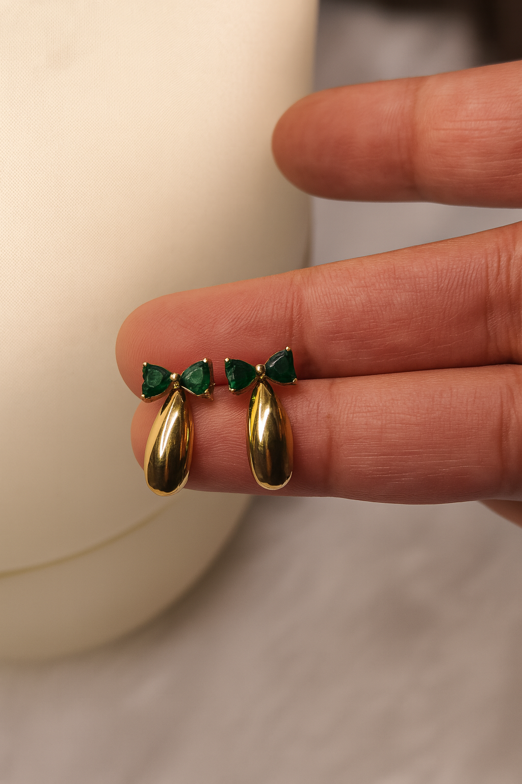 Emerald Bow Teardrop Dangle Stud Earrings