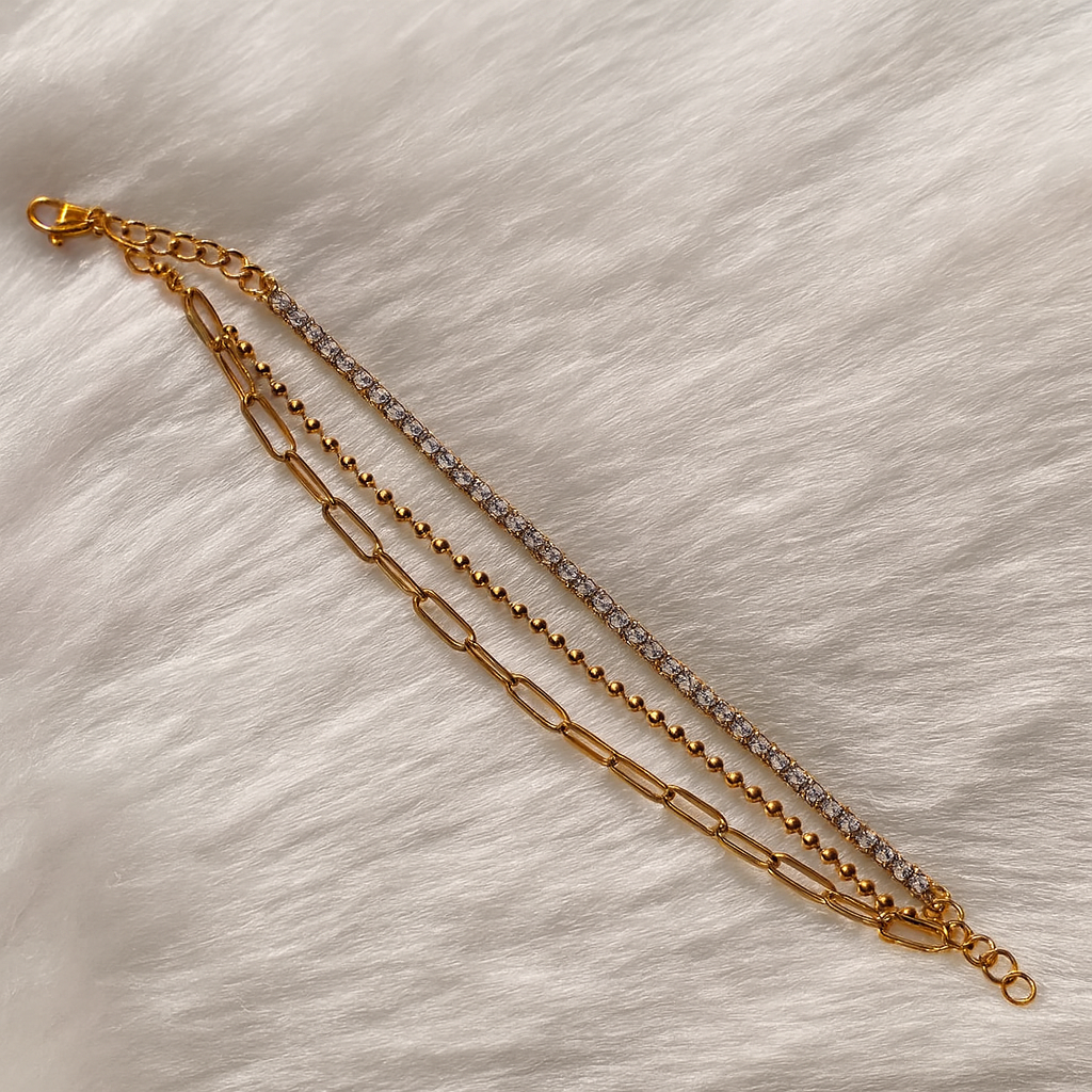 Triple-Layer Gold Chain Bracelet with Pave Tennis and Paperclip Links