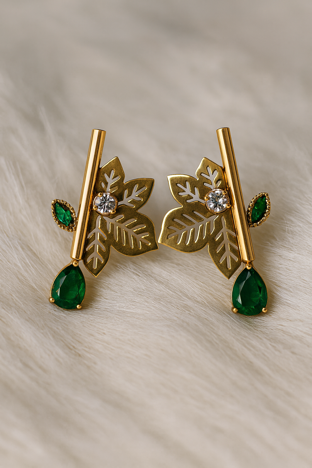 Nature-Inspired Gold Leaf & Emerald Drop Earrings