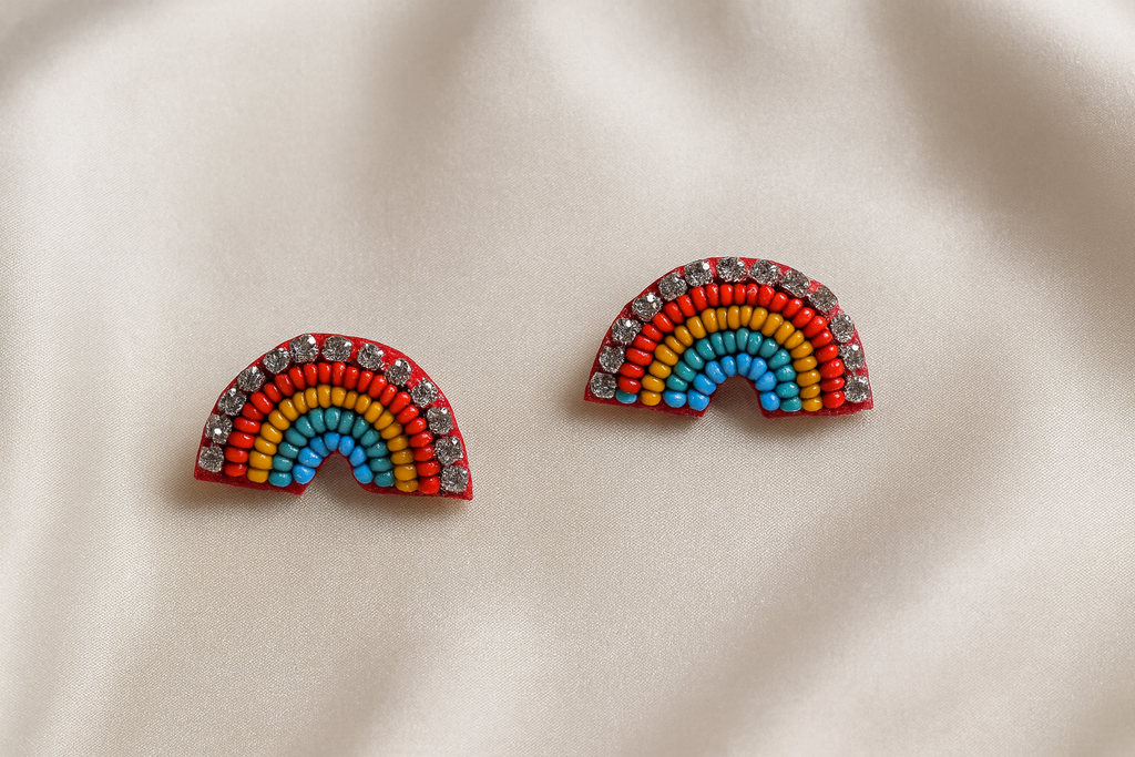 Hand-Beaded Rainbow Arch Stud Earrings with Crystals