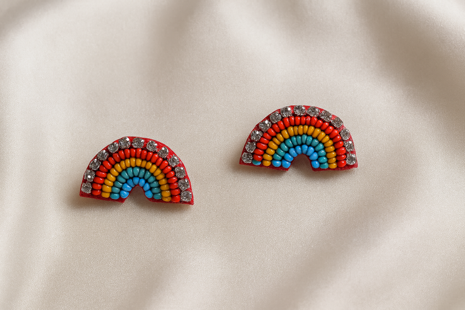 Hand-Beaded Rainbow Arch Stud Earrings with Crystals