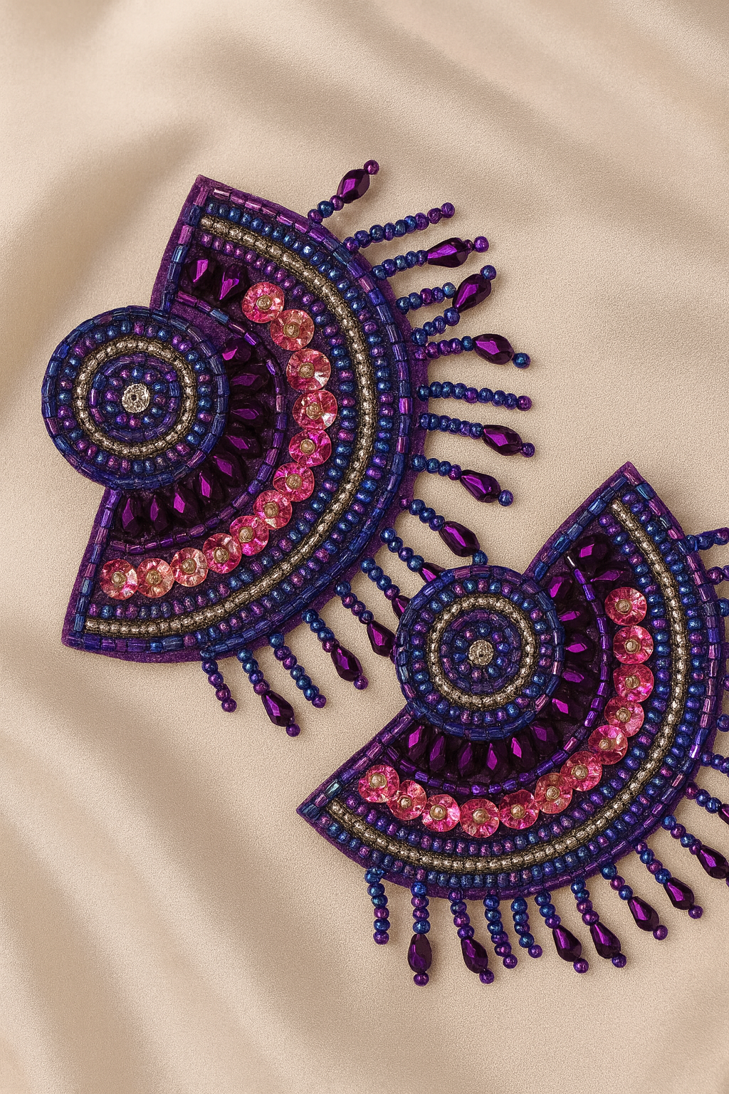 Vibrant Purple and Pink Beaded Fan Statement Earrings