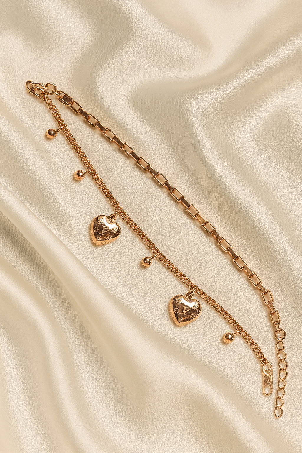 Double-Layer Gold-Toned Charm Bracelet with Puffy Hearts