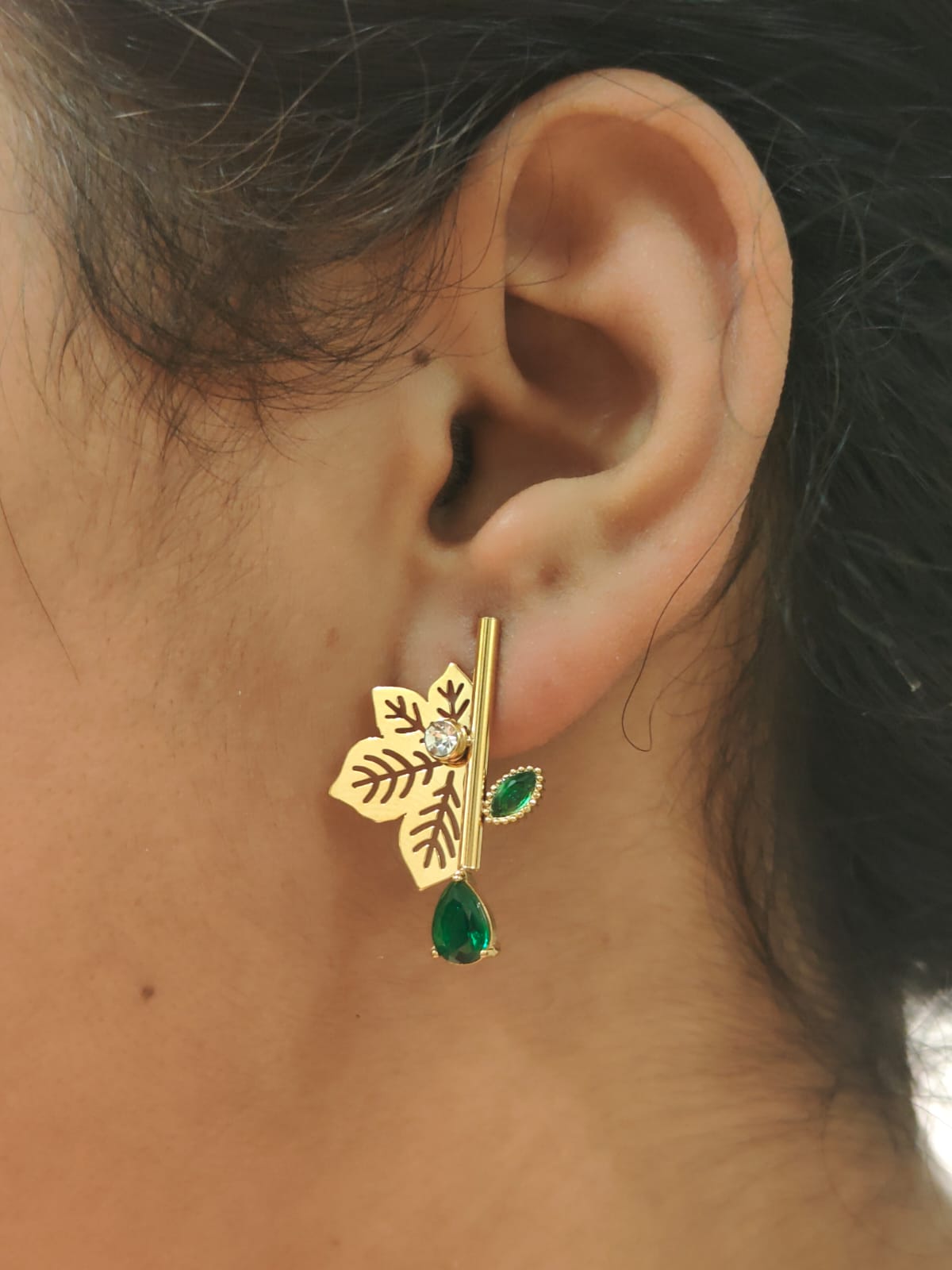 Nature-Inspired Gold Leaf & Emerald Drop Earrings