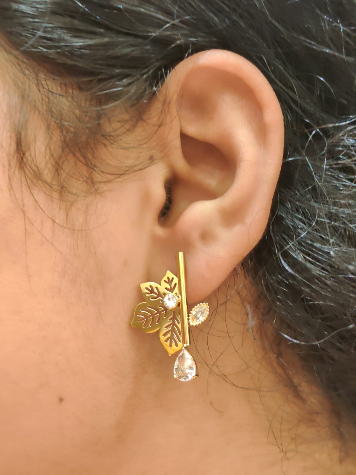 Ginkgo Leaf & Clear CZ Dangle Stud Earrings