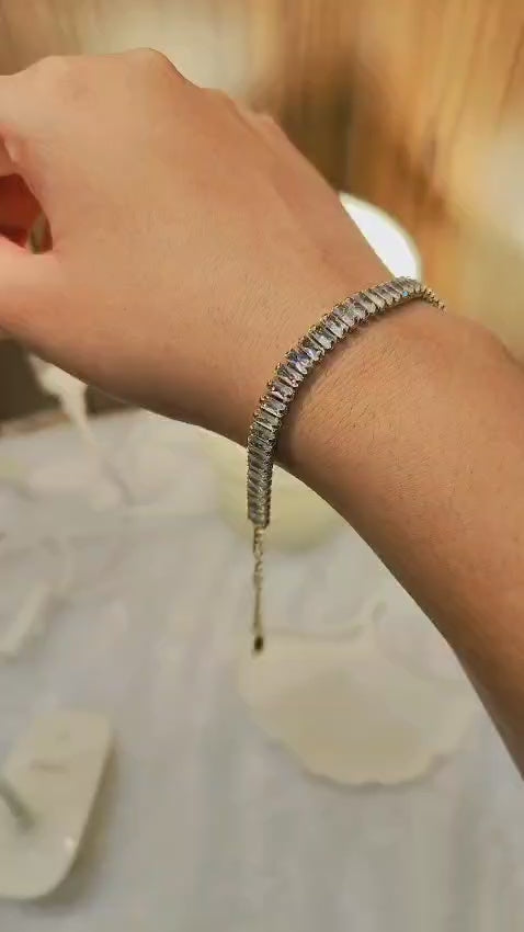 Gold-Plated Baguette Cut Cubic Zirconia Tennis Bracelet
